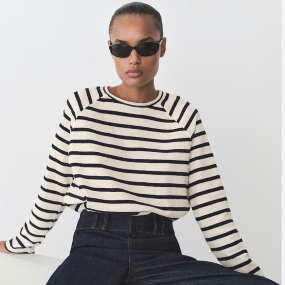 MANGO MNG 100% Cotton Black and Cream/White striped Long Sleeve T-shirt Sweater - Picture 3 of 10